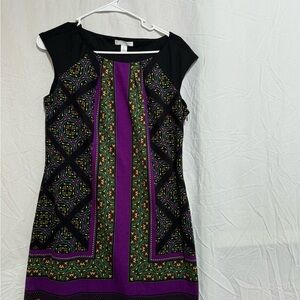 London Style Collection   Size L Cap Sleeve SHEATH DRESS    Purple-Black Print